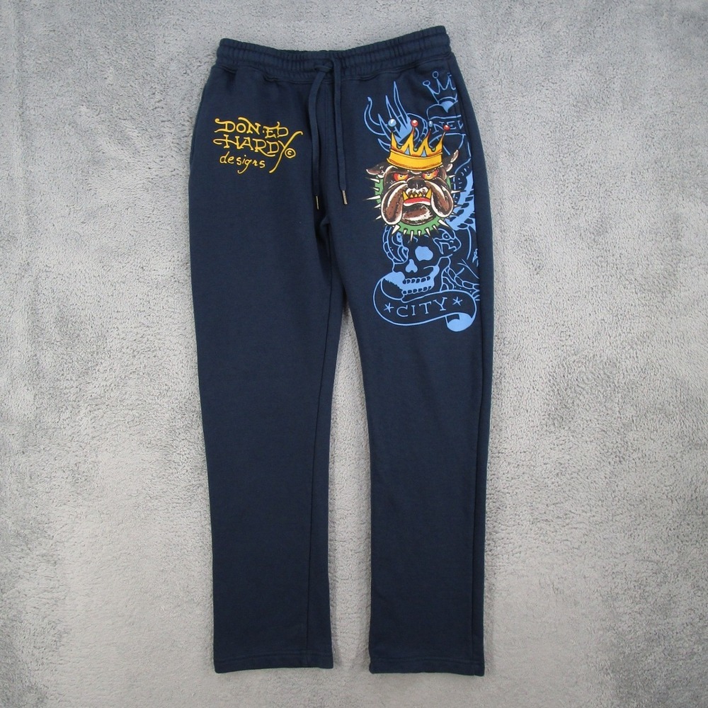 Ed Hardy Mens Navy Blue Graphic Sweatpants Bulldog Skull Y2K EHM8003-7 Small